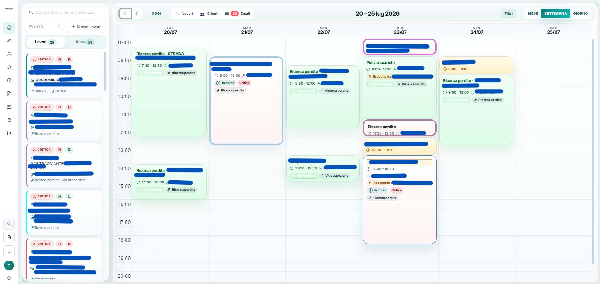 Calendario settimanale degli interventi con lavori e priorità