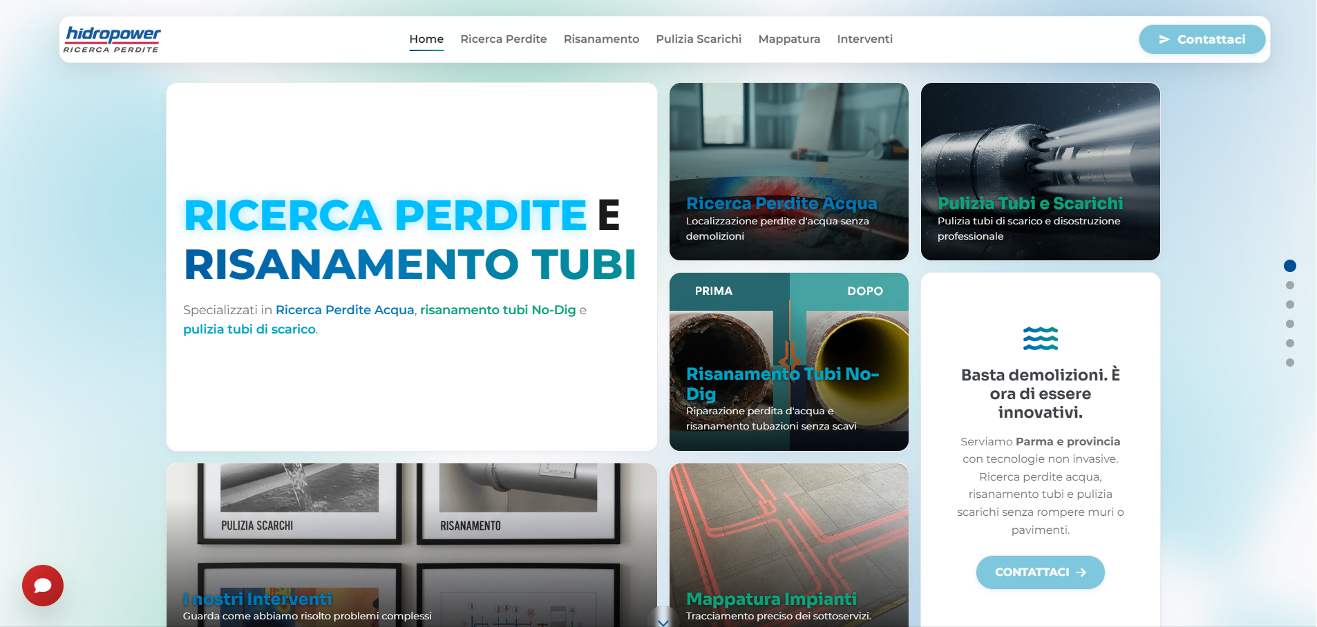 Home page di Hidropower con i servizi presentati a griglia