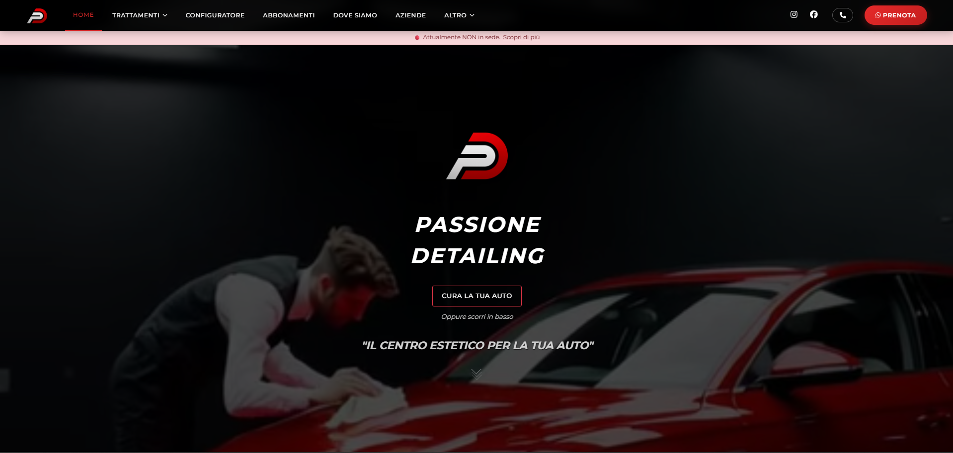 Home page di Passione Detailing con logo e invito a prenotare